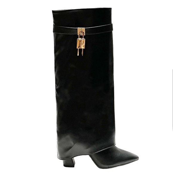 New Black Lock Fold Over Chunky Heel Knee High Boots - Picture 2 of 5